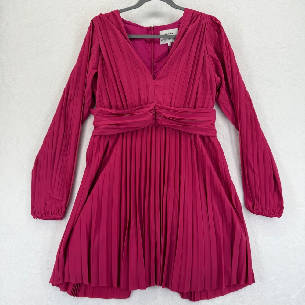 Aureta x‎ Anthropologie Pleated Mini Dress Long Sleeve Raspberry Pink Size L